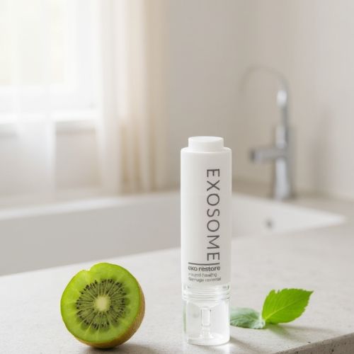 Exosome skincare bottle with a bitter Melon fruit and leaf on a bathroom counter. exo restore by skin-rg