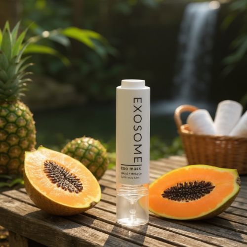 Exosome skincare product with pineapple and papaya on a wooden surface with a blurred natural background exo mask by skin-rg