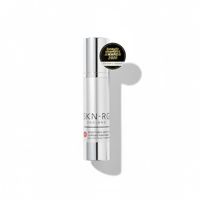 SKIN-RG England Advanced Brightening Moisturiser skincare bottle with a white background and Beauty Shortlist Award