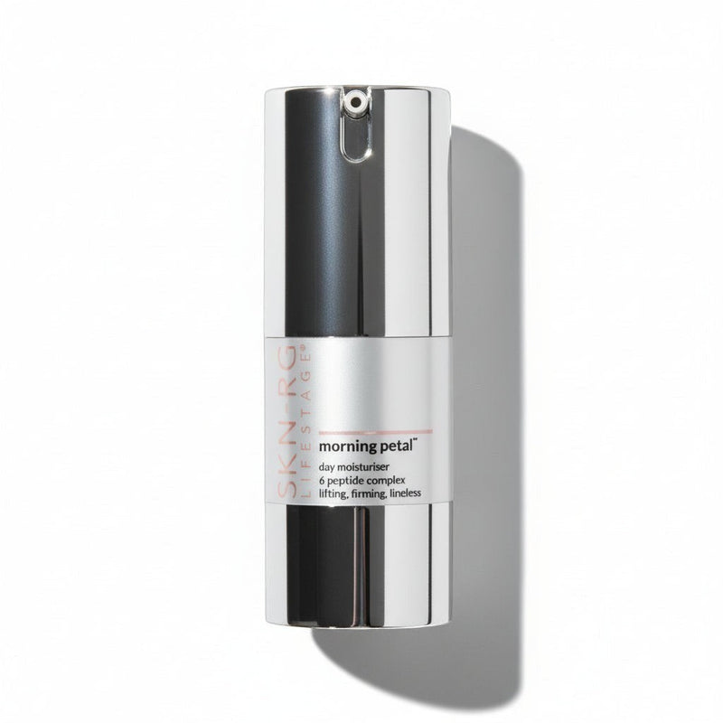www.skin-rg.com Morning Petal day moisturiser in a silver and white pump bottle with 6 peptide complex for lifting, firming, and a timeless look.