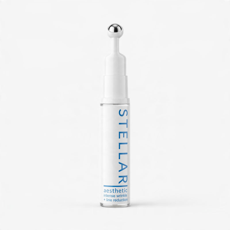 A white cylindrical skincare serum bottle with a metallic silver rollerball applicator cap, featuring the brand name 'STELLAR' printed vertically in blue on the front, set against a plain white background. By Skin-rg the ultiamte line and wrinkle relaxer. 10ml