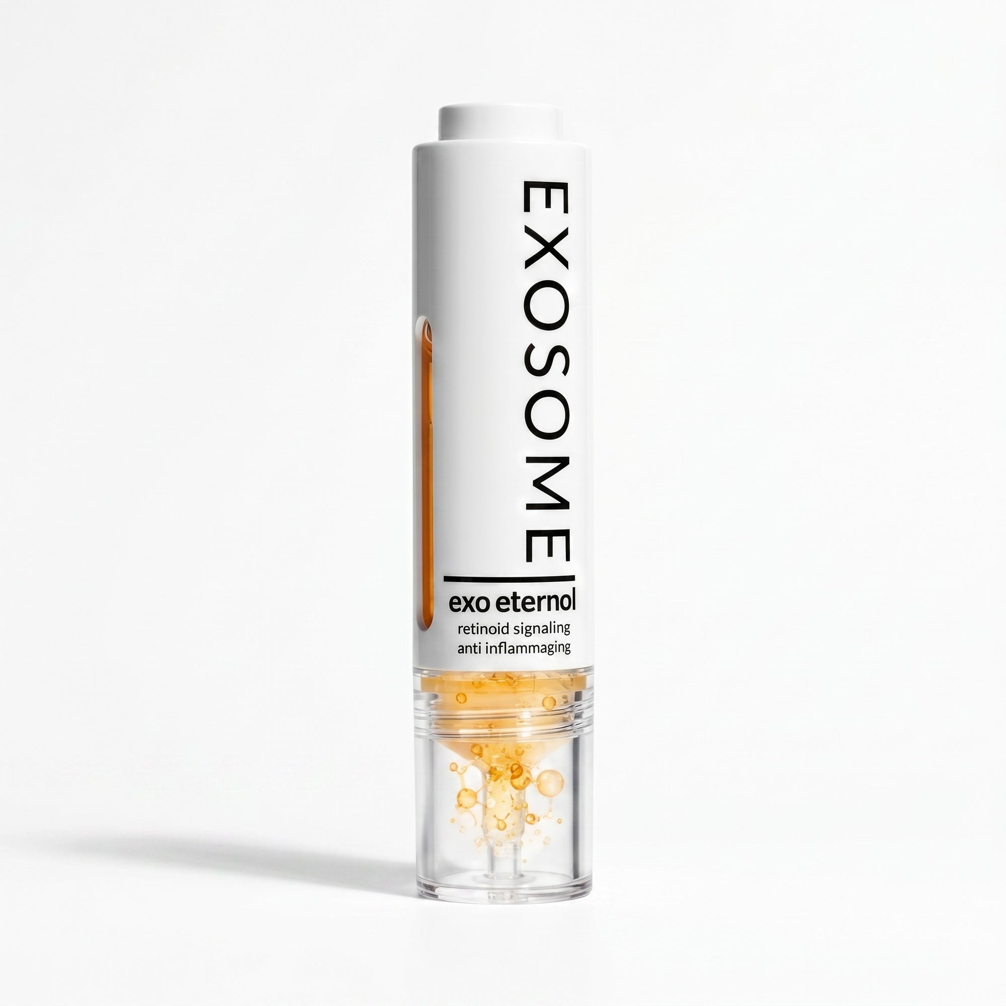 A single tube of Exosome Exo Eternol retinol serum on a clean white background. The cylindrical white tube features black text and a clear lower section showing the golden-yellow oil inside Exo Eternol By Skin-rg Skincare The Retinol Exosome