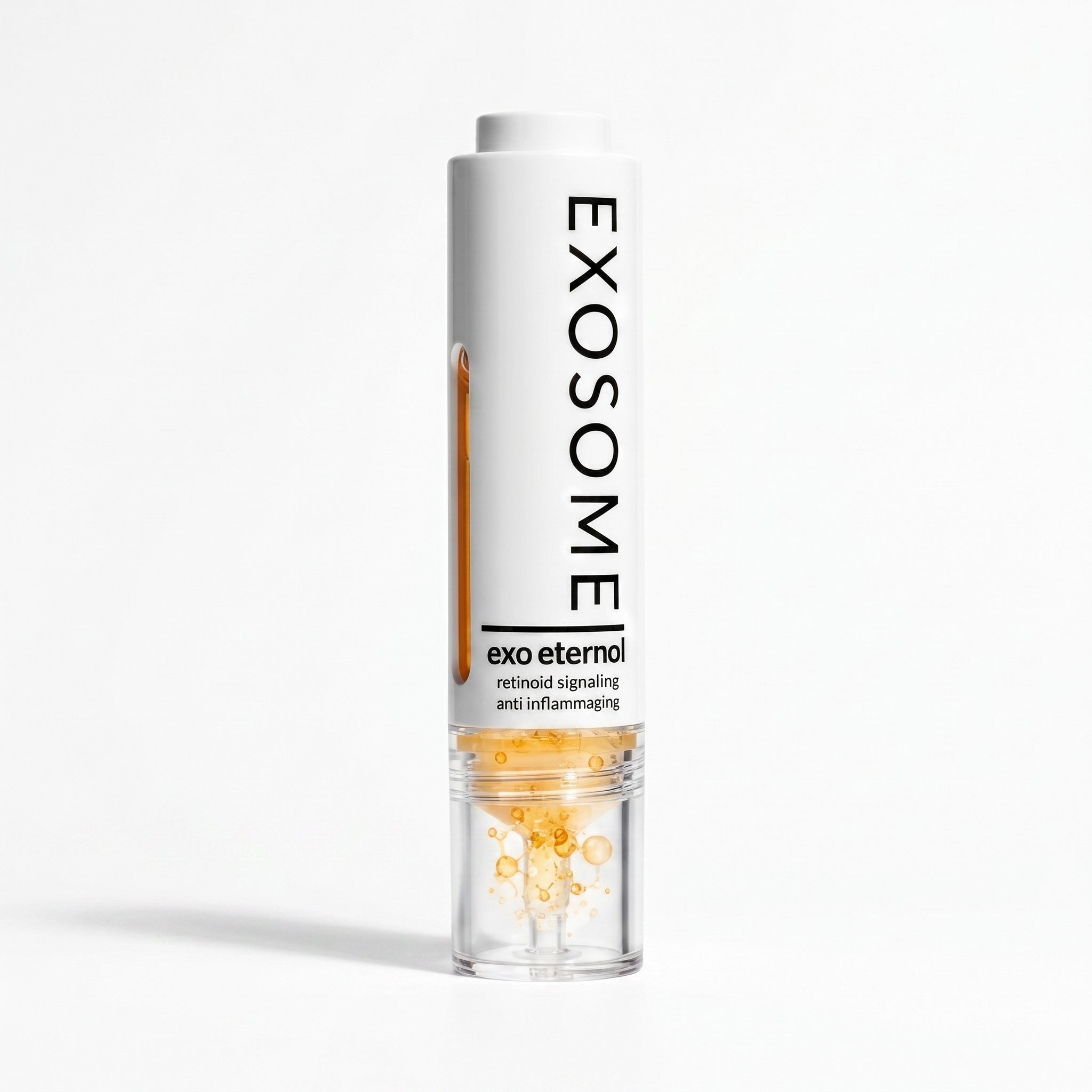 A single tube of Exosome Exo Eternol retinol serum on a clean white background. The cylindrical white tube features black text and a clear lower section showing the golden-yellow oil inside Exo Eternol By Skin-rg Skincare The Retinol Exosome