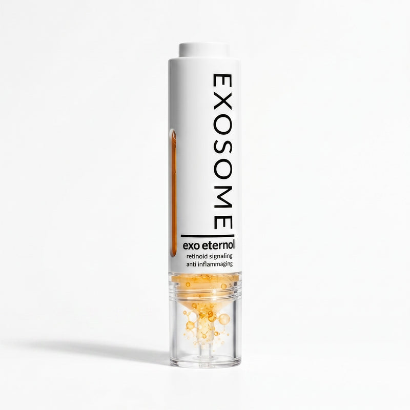 A single tube of Exosome Exo Eternol retinol serum on a clean white background. The cylindrical white tube features black text and a clear lower section showing the golden-yellow oil inside Exo Eternol By Skin-rg Skincare The Retinol Exosome