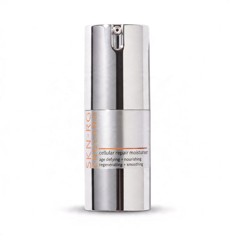A SKIN-RIG Cellular Repair Moisturizer bottle with a reflective silver metallic cylindrical body and a matching cap, shown on a clean white background.