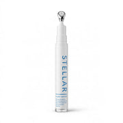 A white cylindrical skincare serum bottle with a metallic silver rollerball applicator cap, featuring the brand name 'STELLAR' printed vertically in blue on the front, set against a plain white background. By Skin-rg the ultiamte line and wrinkle relaxer.