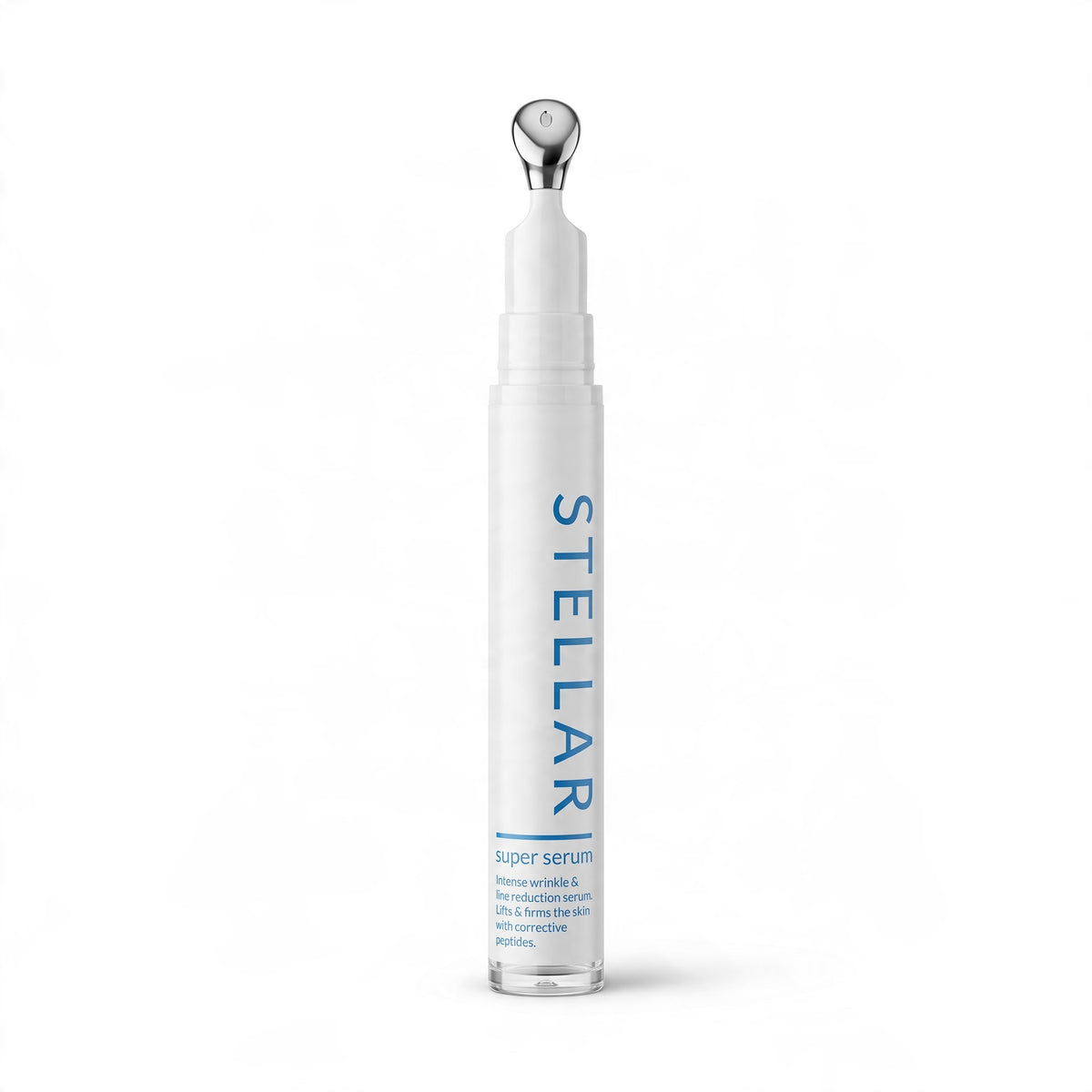 A white cylindrical skincare serum bottle with a metallic silver rollerball applicator cap, featuring the brand name 'STELLAR' printed vertically in blue on the front, set against a plain white background. By Skin-rg the ultiamte line and wrinkle relaxer.