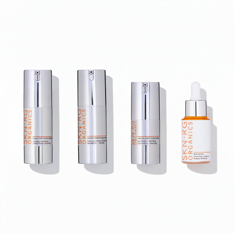 Set of skincare products with 'SKIN-RG  ORGANICS' branding on a white background