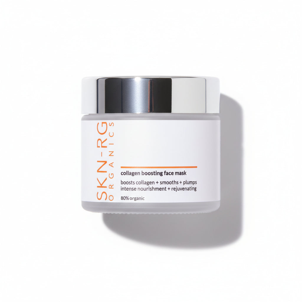 SKIN-RG Organics collagen boosting face mask jar on a white background