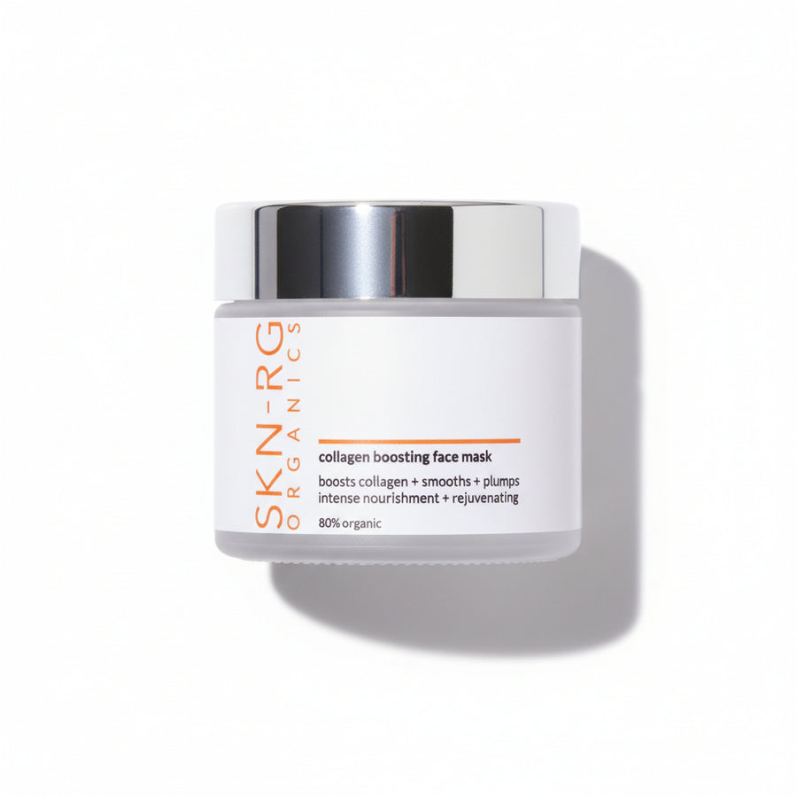 SKIN-RG Organics collagen boosting face mask jar on a white background