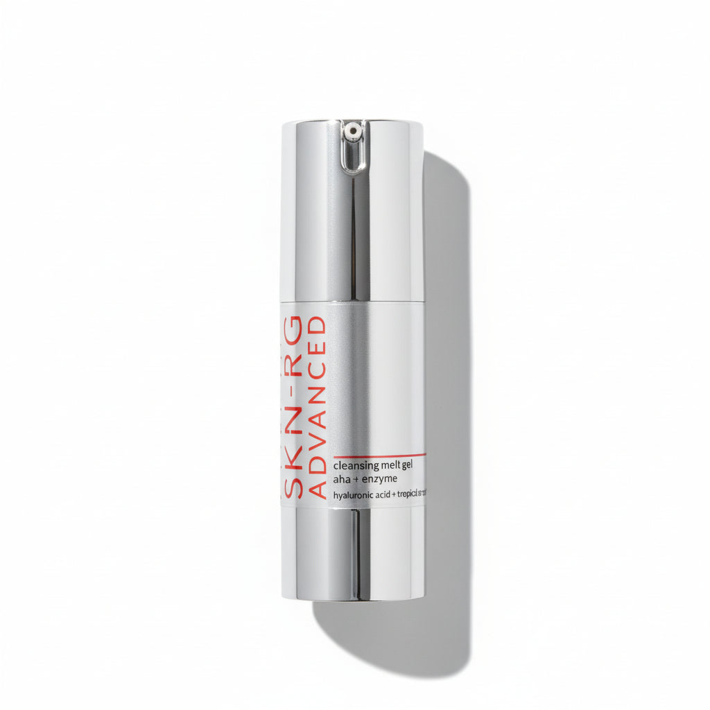 Skincare cleansing melt bottle with 'SKINRG Advanced' branding on a white background