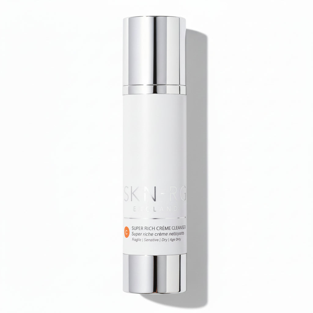 Skin-rg Super Rich Creme Cleanser Skincare bottle with silver cap and white body on a white background.