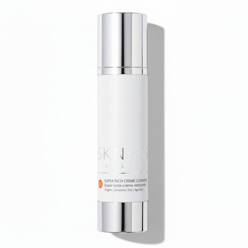Skin-rg Super Rich Creme Cleanser Skincare bottle with silver cap and white body on a white background.