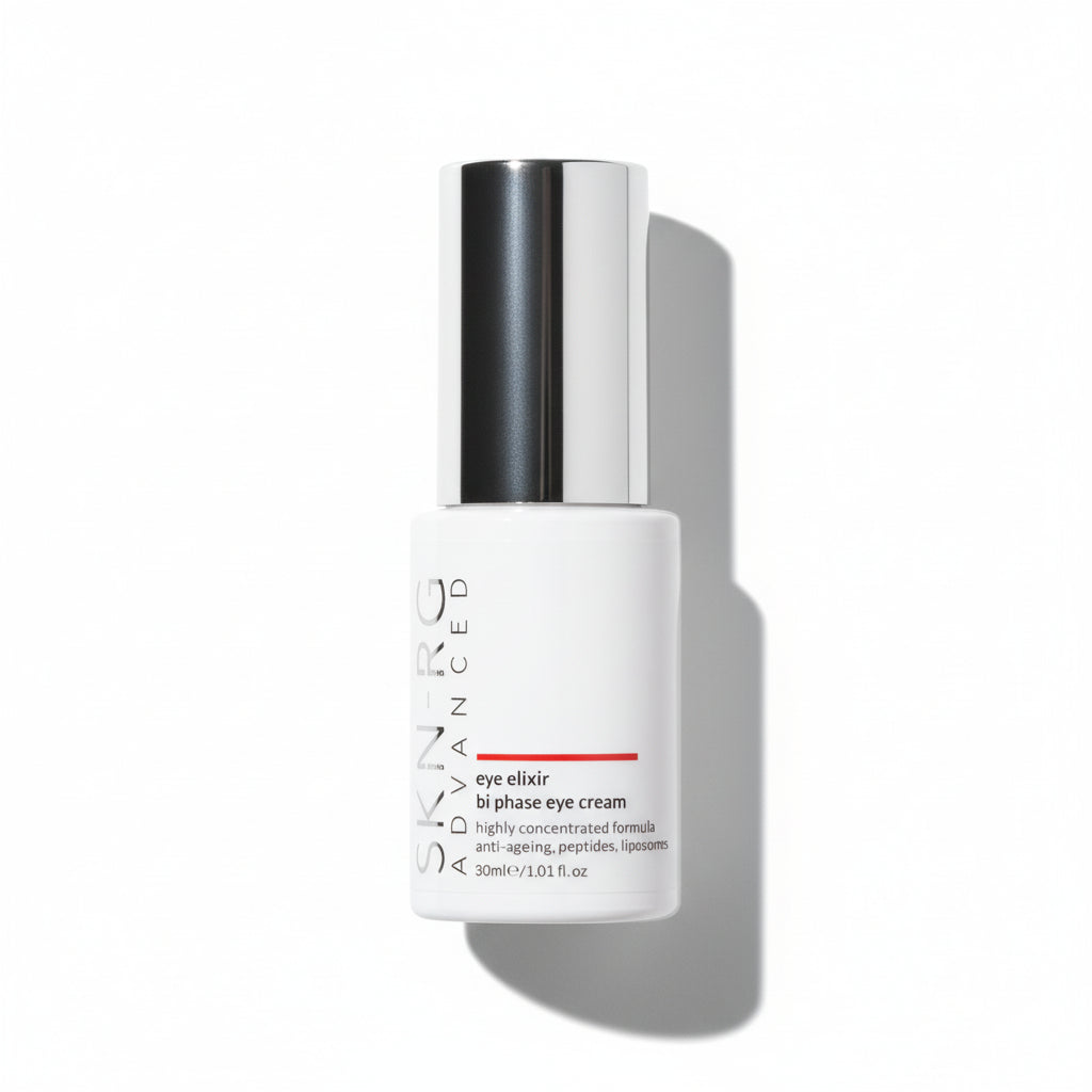 Skin-rg Skincare Eye Elixir bottle with black cap on a white background.