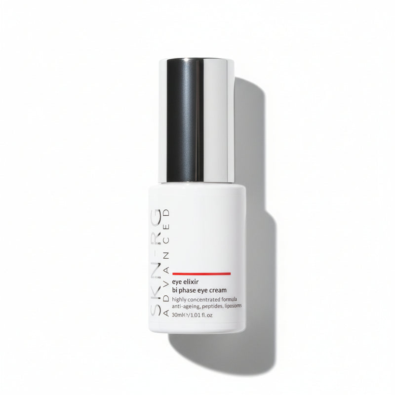Skin-rg Skincare Eye Elixir bottle with black cap on a white background.