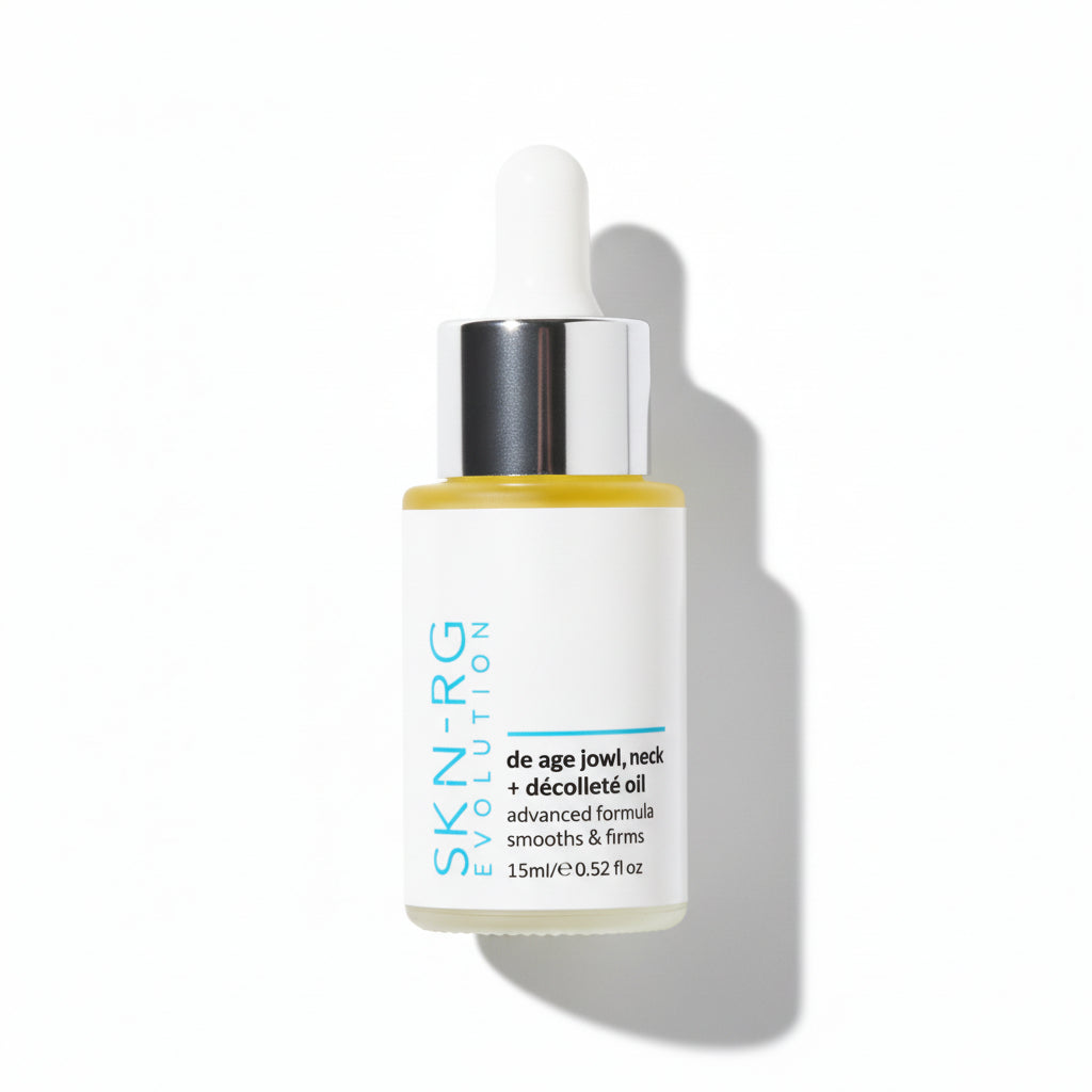 Skin-rg De Age Skincare Advanced Neck Jowl Treatment dropper bottle with white cap on a white background