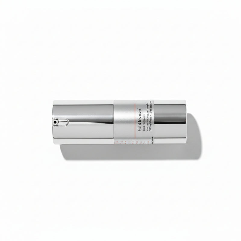 Skincare airless pump labeled 'night blossom' on a white background by skin-rg best menopause Wild Yam cream