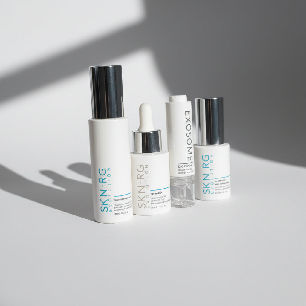 Set of skincare products from SKIN-RG on a light surface with a neutral background