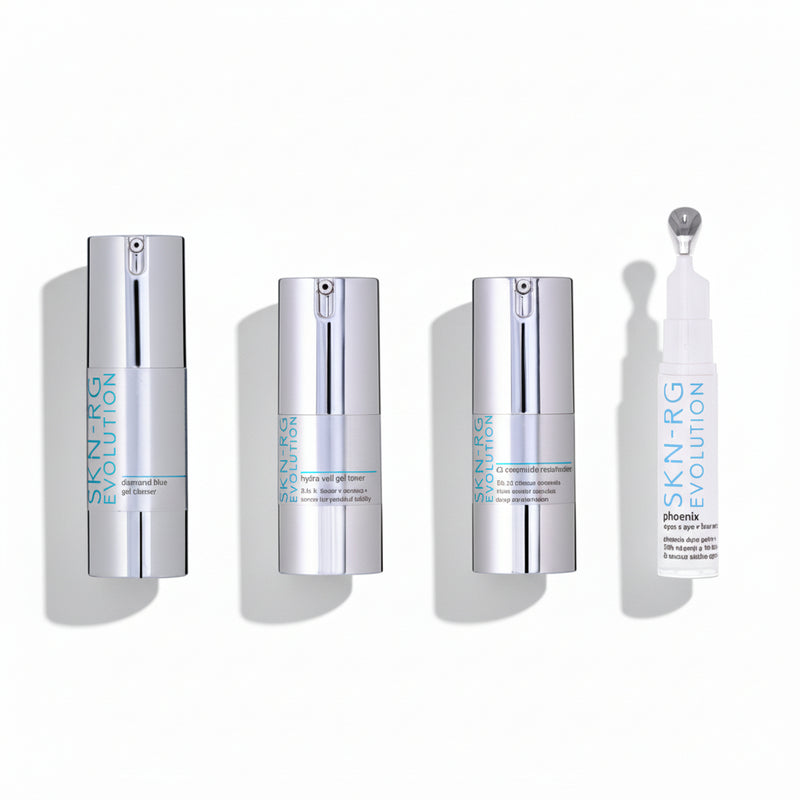 Set of skincare products with 'SKIN-RG Evolution' branding on a white background