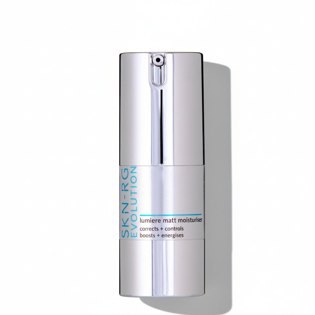 Lumiere Matt Moisturiser sebum control Skincare bottle with silver cap on a white background 15ml by Skin-rg Evolution