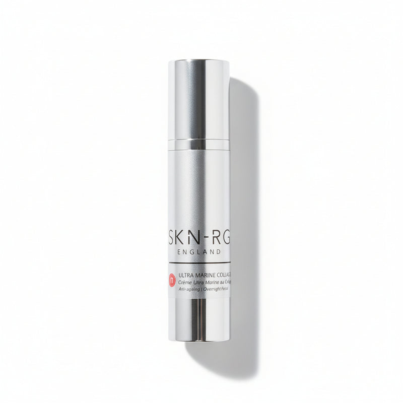 Ultra Marine Collagen Banking Night Cream Silver skincare bottle with 'SKIN-RG' branding on a white background.