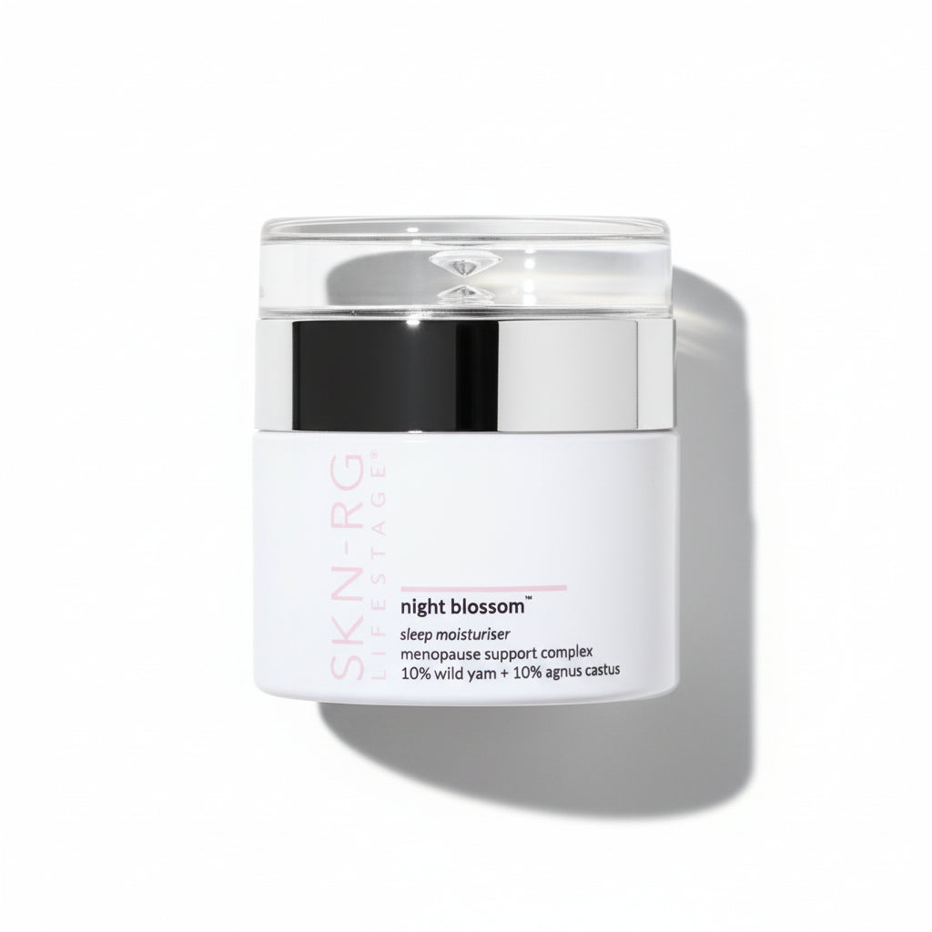 Skincare jar labeled 'night blossom' on a white background by skin-rg best menopause Wild Yam cream