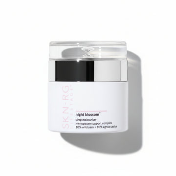 Skincare jar labeled 'night blossom' on a white background by skin-rg best menopause Wild Yam cream