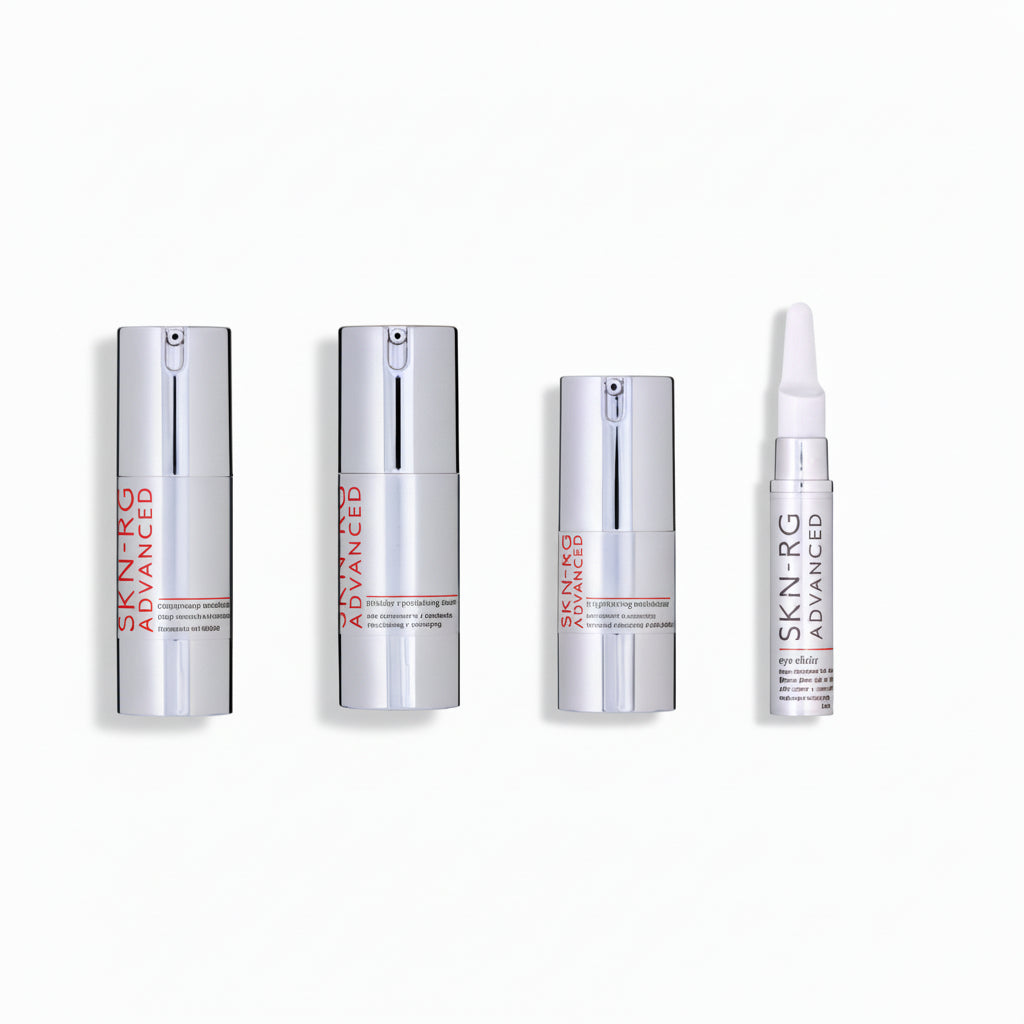 Set of skincare products with 'SKIN RG Advanced' branding on a white background