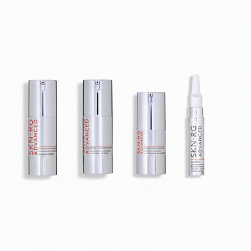 Set of skincare products with 'SKIN RG Advanced' branding on a white background