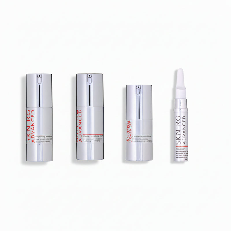 Set of skincare products with 'SKIN RG Advanced' branding on a white background