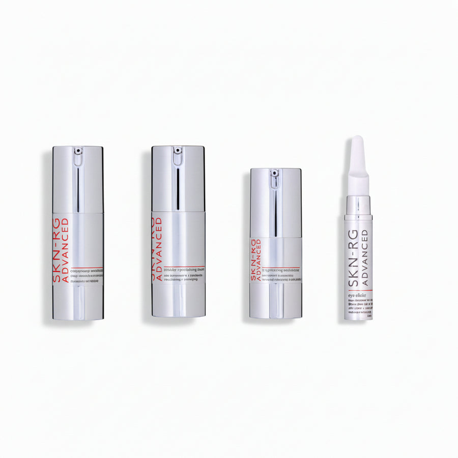 Set of skincare products with 'SKIN RG Advanced' branding on a white background