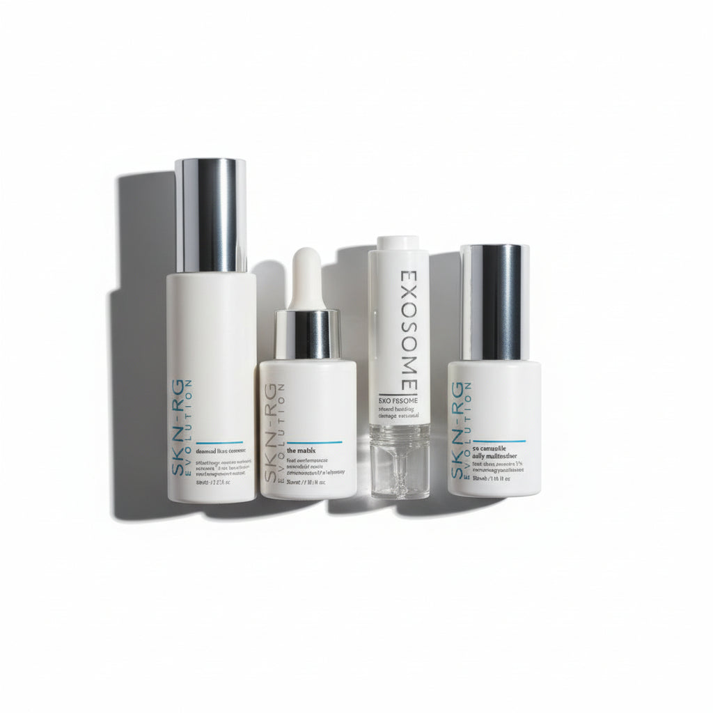 Collection of skincare products with 'Exosome' and 'Skin Rg' branding on a white background