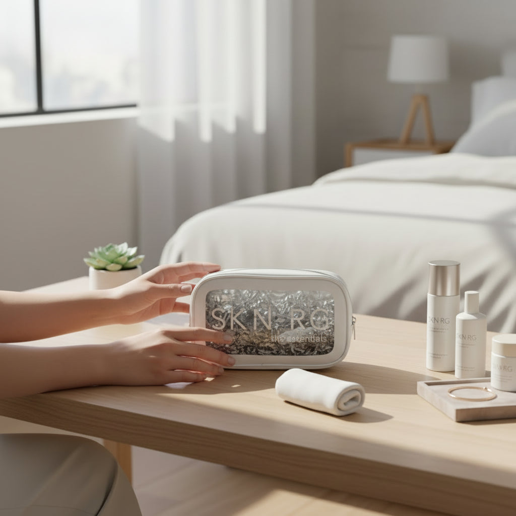 SKINRG skincare product on a table with a bedroom setting