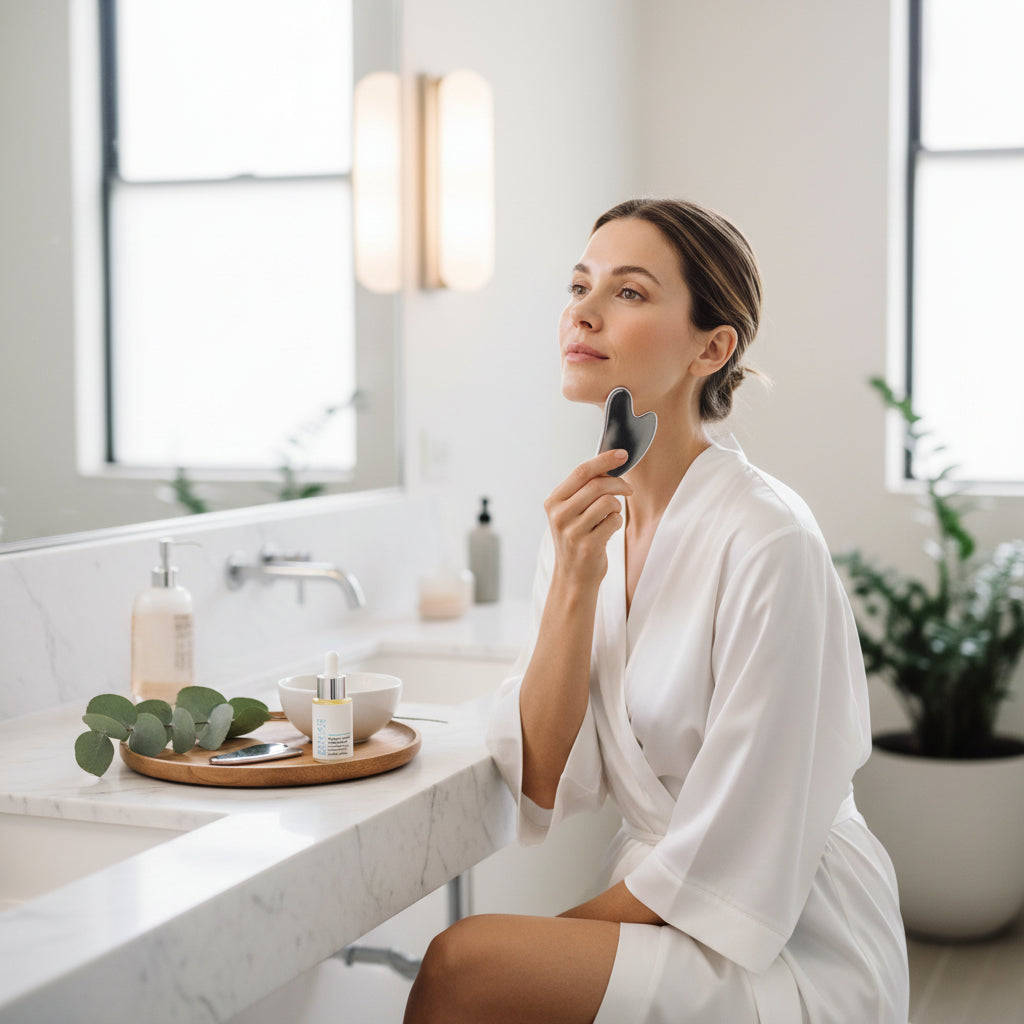 Gua Sha Tool And De Age Neck jowl and decollette treatment oil by Skin-rg