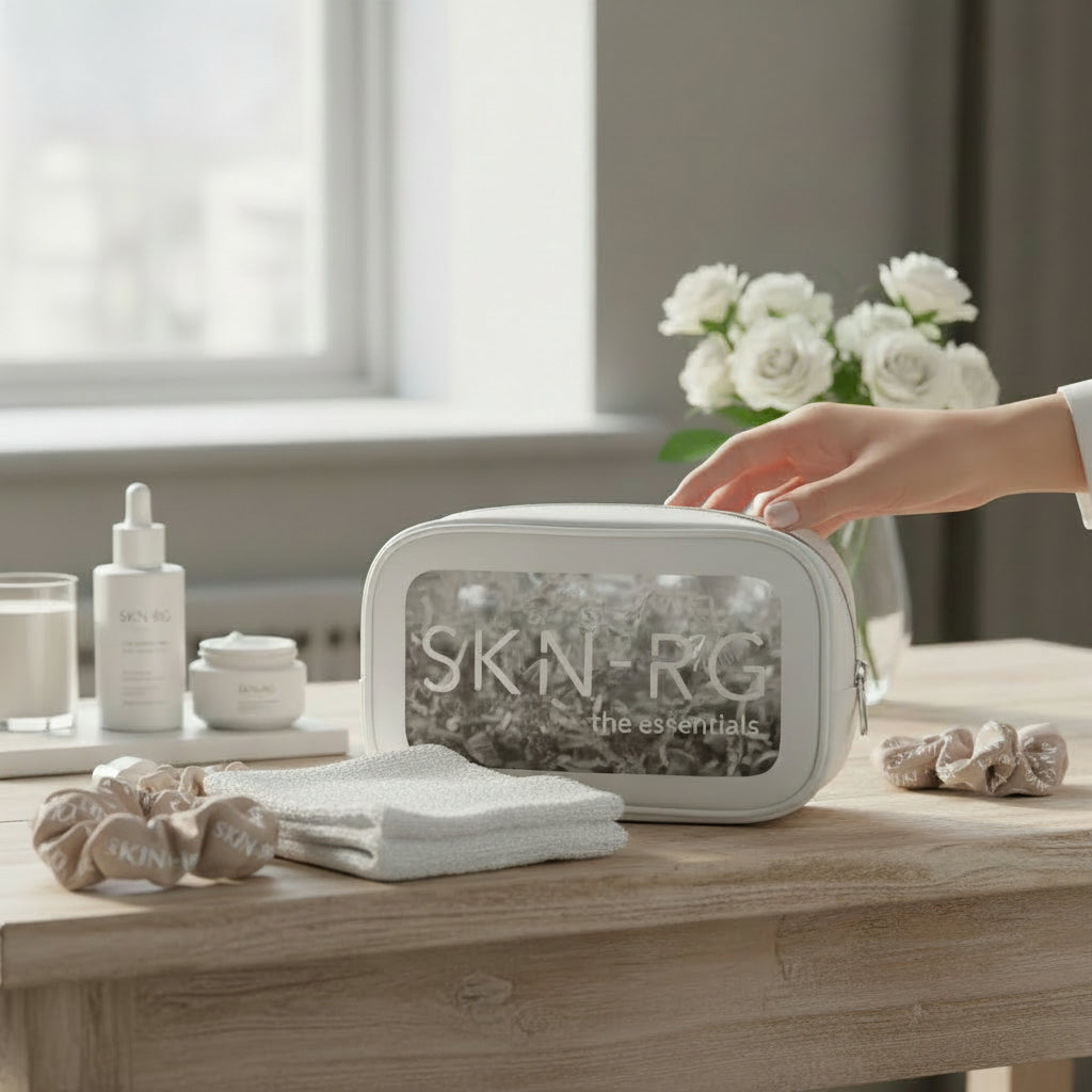 SKIN-RG skincare product set on a wooden table with a hand reaching for it.