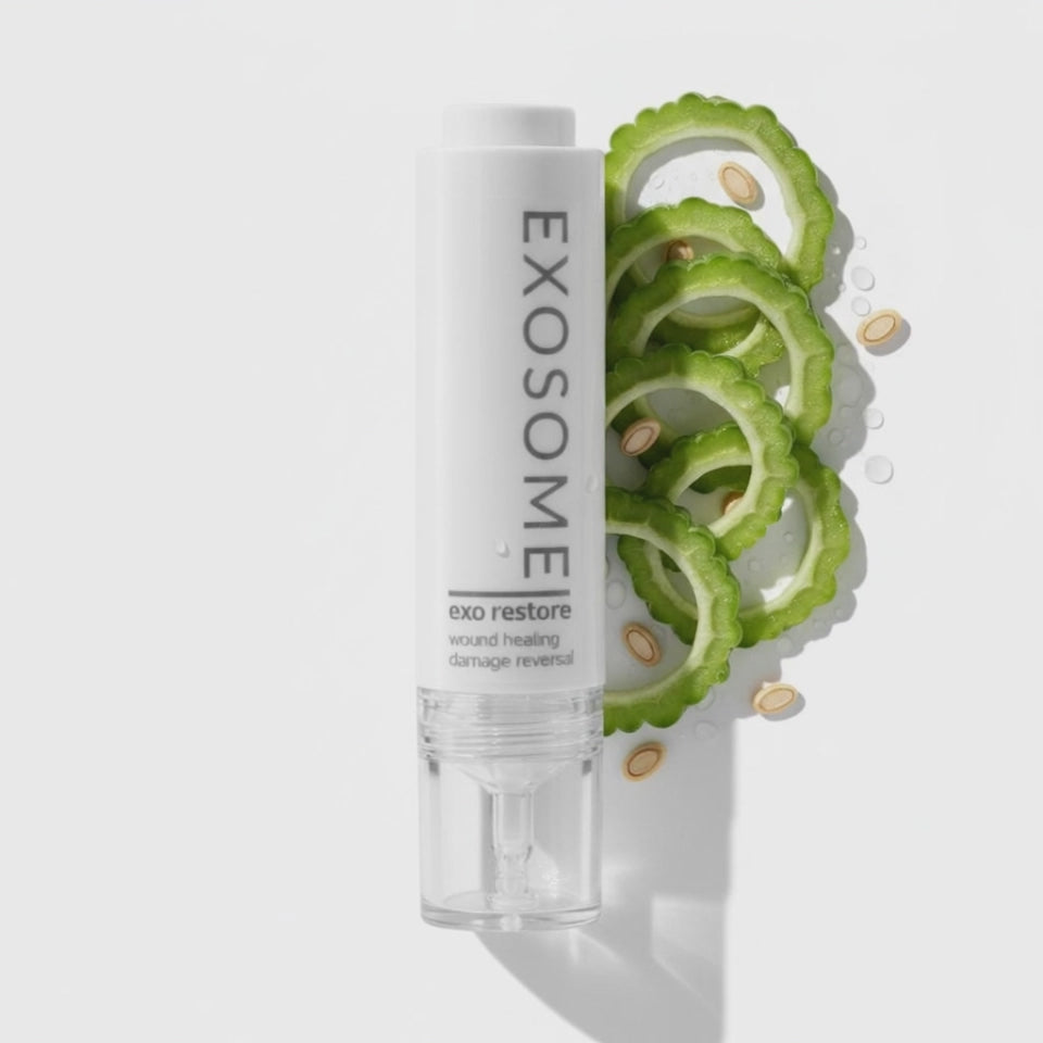 Video of Skincare product named 'Exosome' with bitter melon and seeds on a white background for Exo Restore by Skin-rg