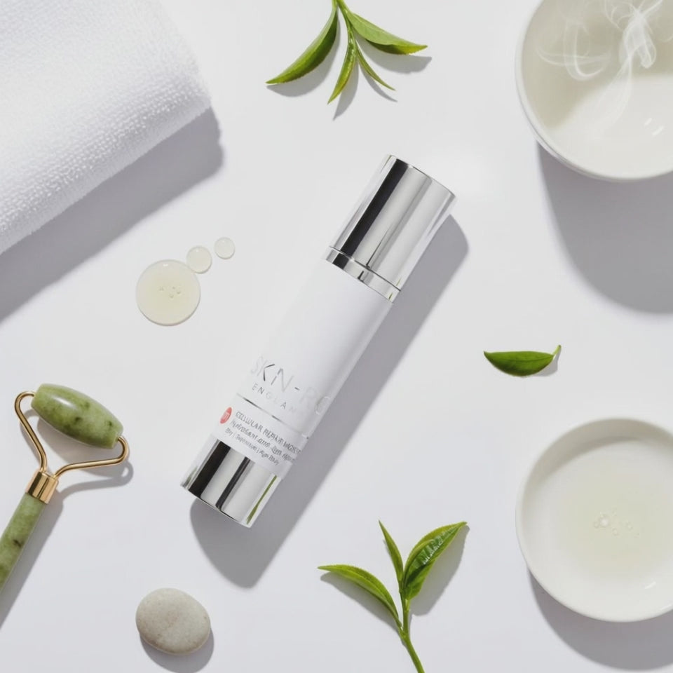 Video Cellular Repair Moisturiser by Skin-rg Skincare bottle with 'SKIN-RG' branding on a white background with herbs Face Roller and Towel