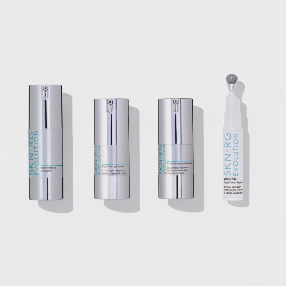 Skin-rg Evolution Complete Skincare Kit video with Diamond Blue Clenaser, Hydra Veil primer, serum gel toner, C3 cermaide moisturiser and Phoenix Super c 7 x award winner for 2025