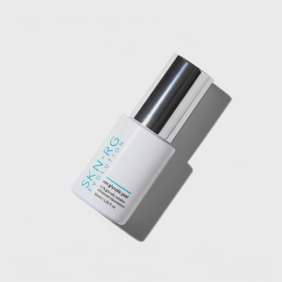 Video of Zen Glycolic Peel 30ml Skincare bottle with 'SKIN RG' branding on a white background 11% glycolic Peel with hyaluronic Acid.