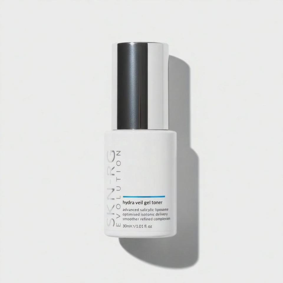 www.skin-rg.com hydra veil gel toner unlike standard toners is pulled into the skin to give hydration and prevent dermal thining bottle on white background with model applying gel.