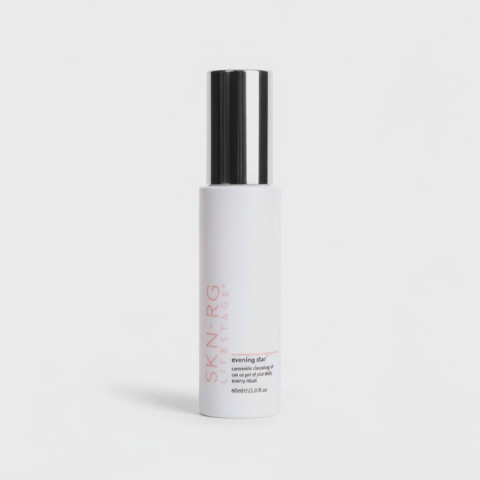 Video of Lifestage best menopause cleanser evening star Skincare bottle with silver cap on a white background by Skin-rg