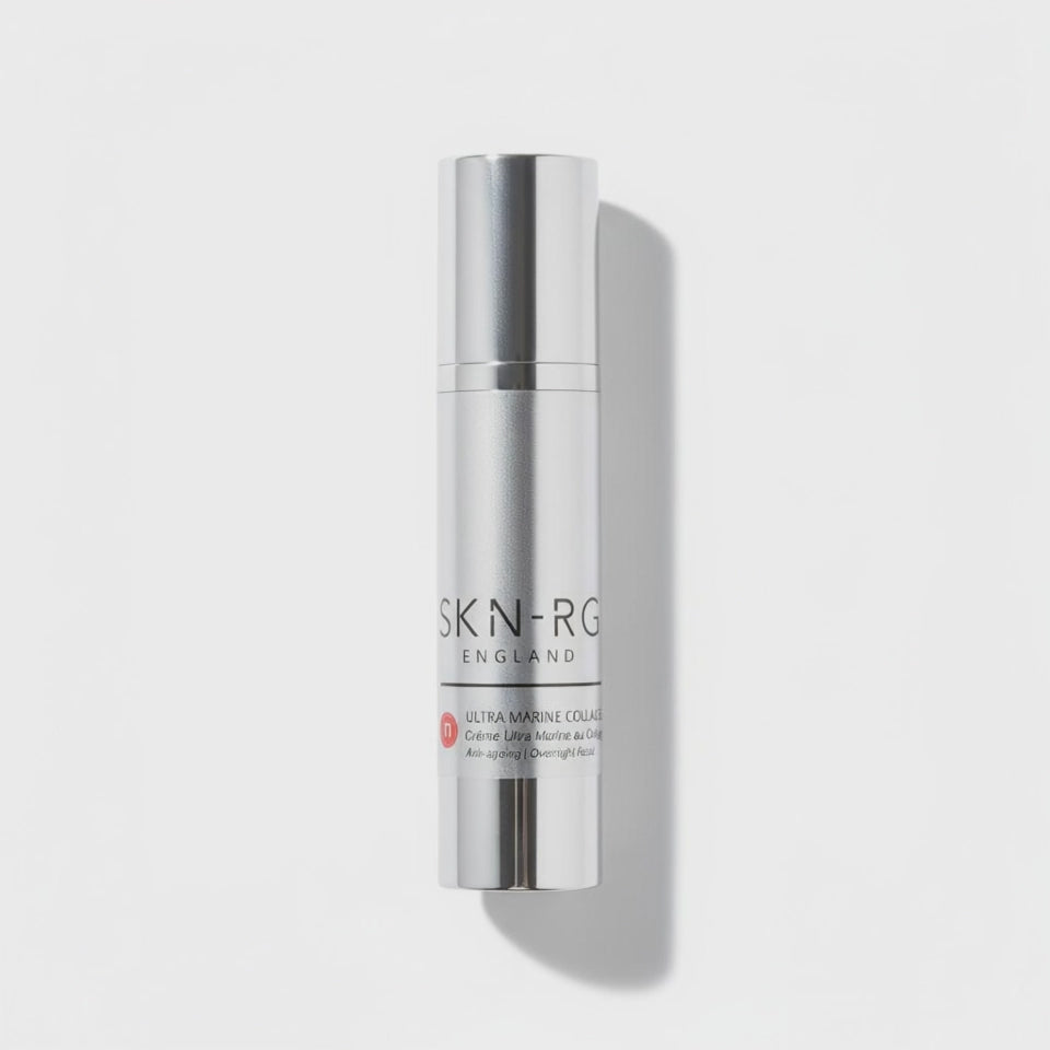 Video of Sea Weed Collagen over Ultra Marine Collagen Banking Night Cream Silver skincare bottle with 'SKIN-RG' branding on a white background.