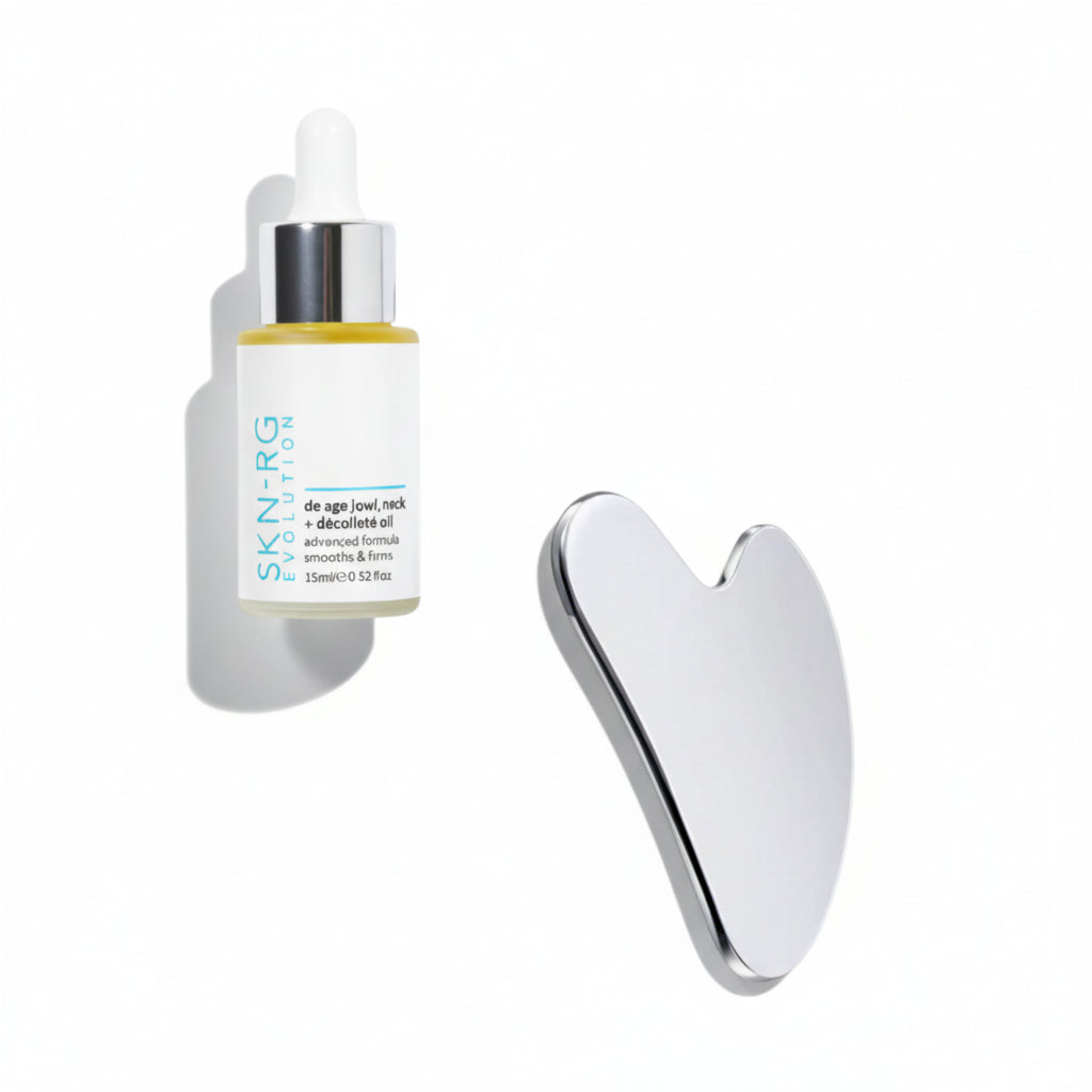neck, jowl and decollette oil and gua sha tool in one duo gift set by Skin-rg