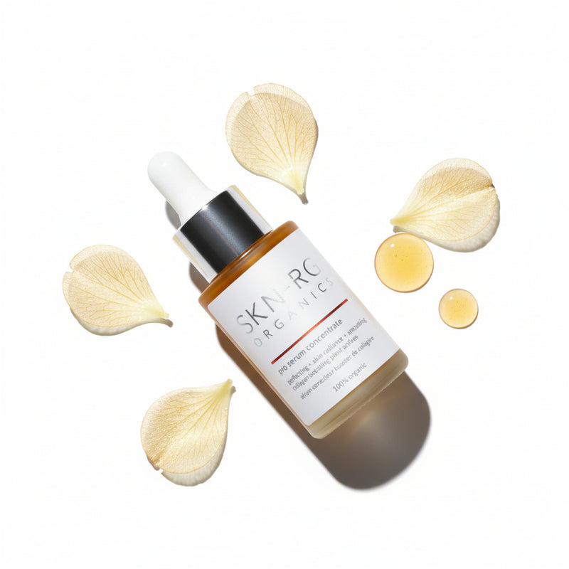 Skin-rg Skincare pro serum bottle with dropper and flower petals on a white background