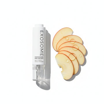 Exosome skincare product exo correct desinged for pigmentation and dark spots with sliced apples on a white background by Skin-rg