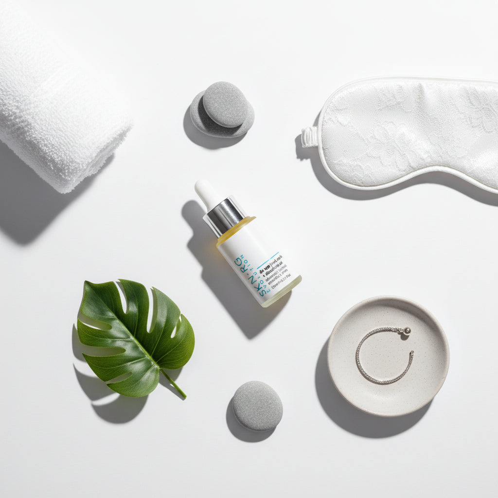Skincare products including Skin-rg De Age Neck And Jowl Treatment dropper bottle, eye mask, and leaf on a white surface.