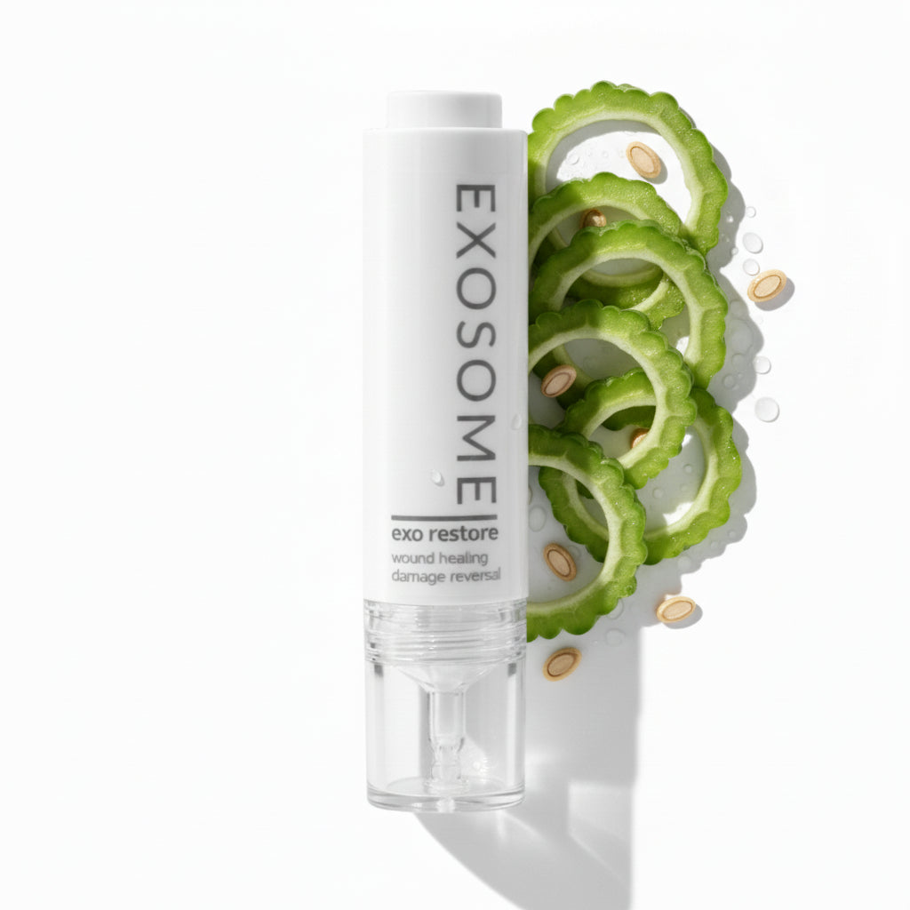 Skincare product labeled 'Exosome' with bitter melon and seeds on a white background for Exo Restore by Skin-rg