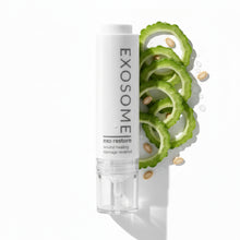 Skincare product labeled 'Exosome' with bitter melon and seeds on a white background for Exo Restore by Skin-rg