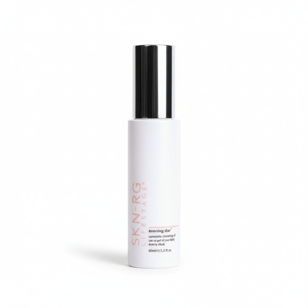 Lifestage best menopause clenaser evening star Skincare bottle with silver cap on a white background by Skin-rg