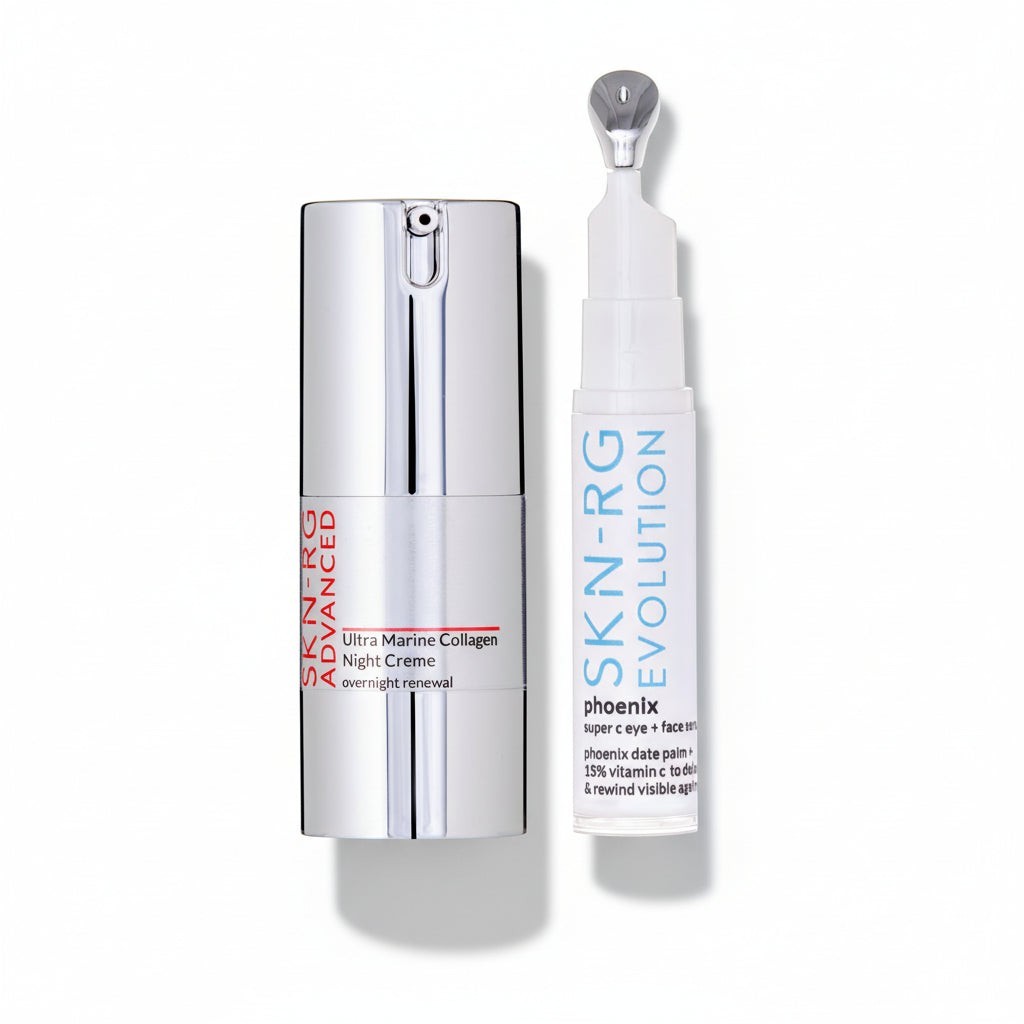 www.skin-rg.com Dermal Thinning Duo: Phoenix Super C serum and Ultra Marine Collagen Night Cream in silver and white packaging.